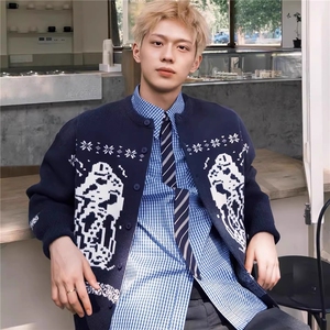美式费尔岛提花开衫针织外套男女潮牌秋季宽松百搭毛衣MYY04,白领的经典穿搭图片
