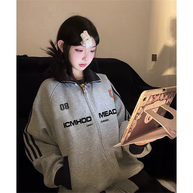 抖音得物美式高街重磅结构设计拼接织带立领印花卫衣外套ACM4201,女装短外套,电商A443