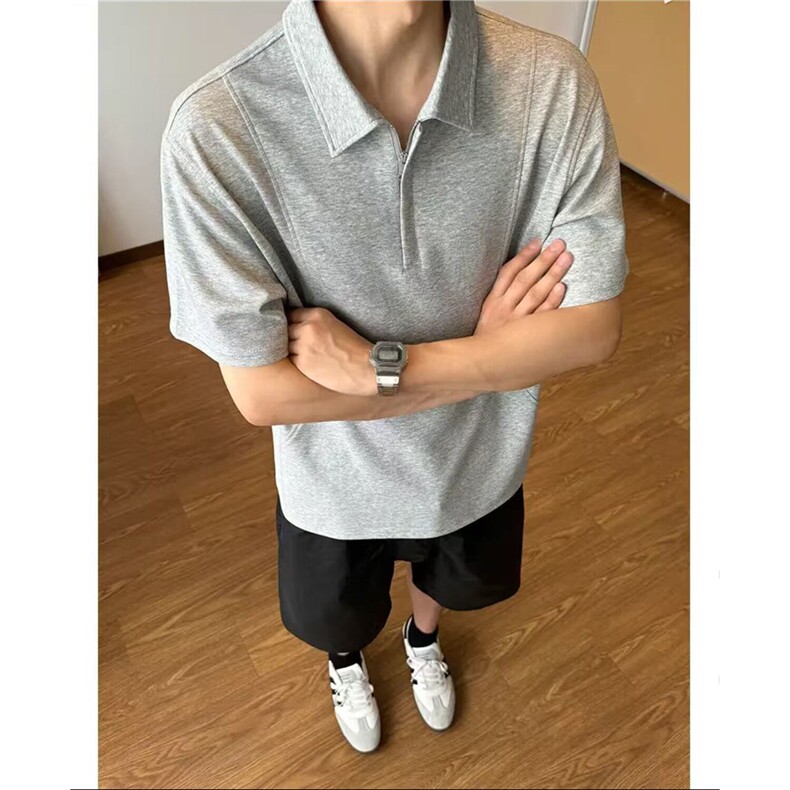 美式解构廓形polo领拉链短袖T恤男夏季百搭半袖潮牌 D437 特P30图片