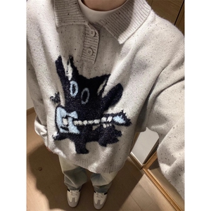 美式复古猫咪提花polo领毛衣男女秋冬季宽松休闲软糯慵懒针织衫潮图片