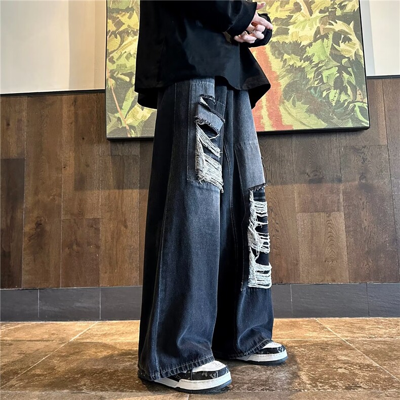 美式复古破洞牛仔裤痞帅炸街直筒阔腿牛仔裤1001-1-X09-P48,男装牛仔裤,星座1001-1