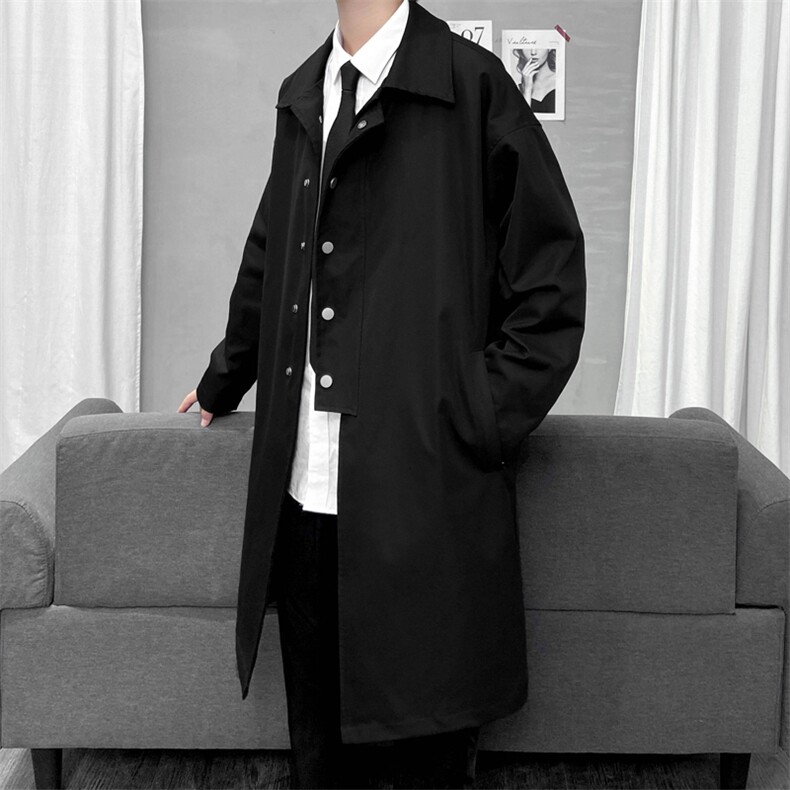 春秋季风衣男中长款大衣男翻领通勤夹克男外套F55款P85暗黑港风C图片
