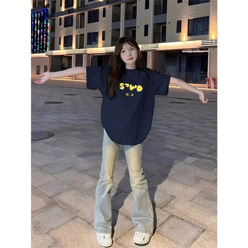 网图有货美式夏季高街藏青复古字母印花短袖宽松T恤男女A647-P25,男装T恤,星座1505