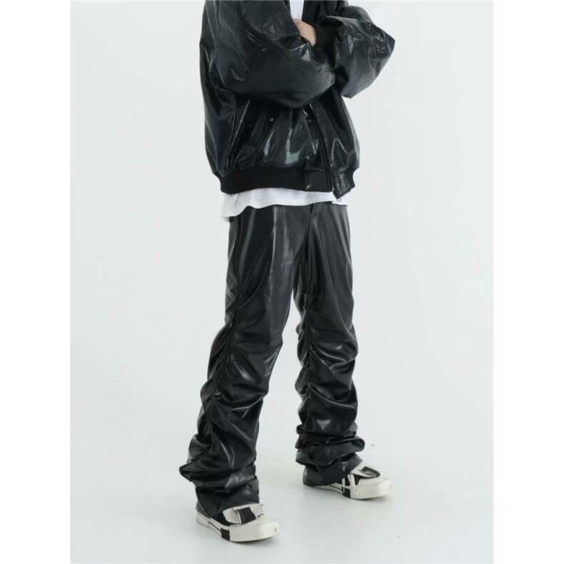 新款简约ins无品牌潮流欧美高街PU皮黑色堆积感休闲裤男流行百搭，男装皮裤，星座1210-1