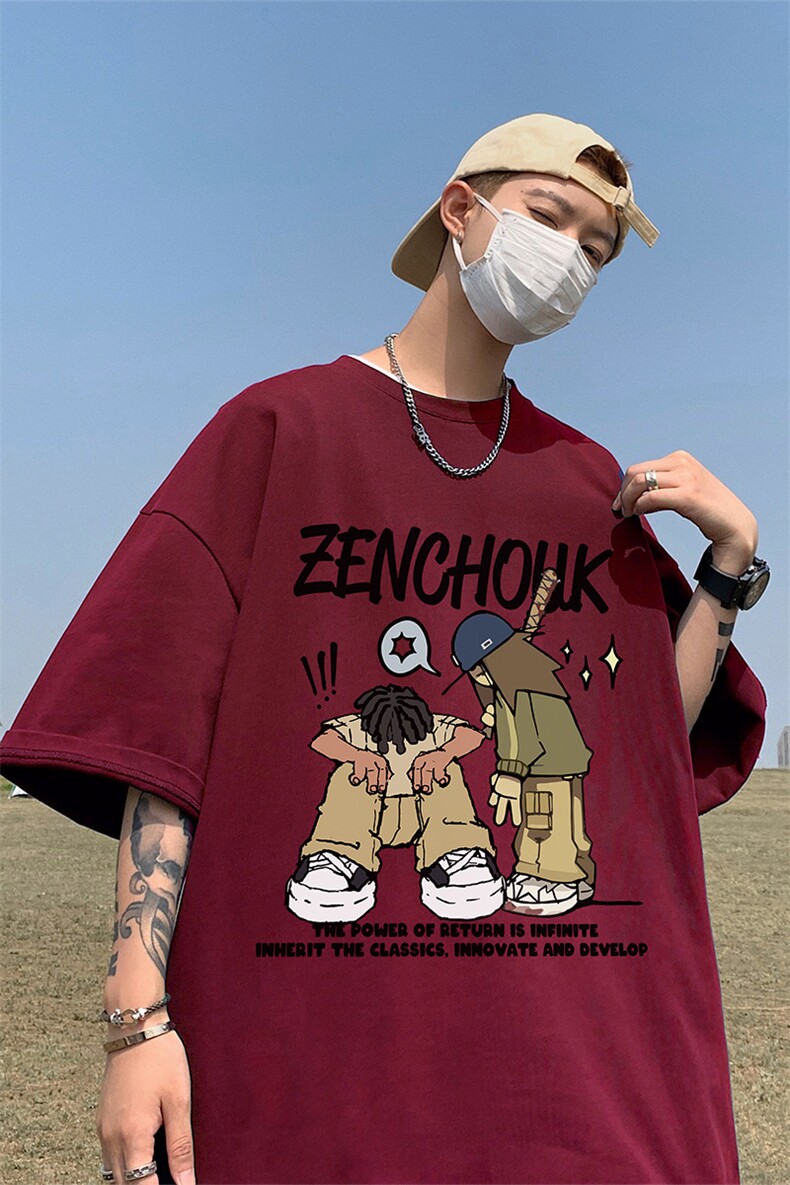 卡通印花短袖男夏季2025新款美式休闲百搭青少年男生宽松纯棉t恤,男装T恤,电商A102-1