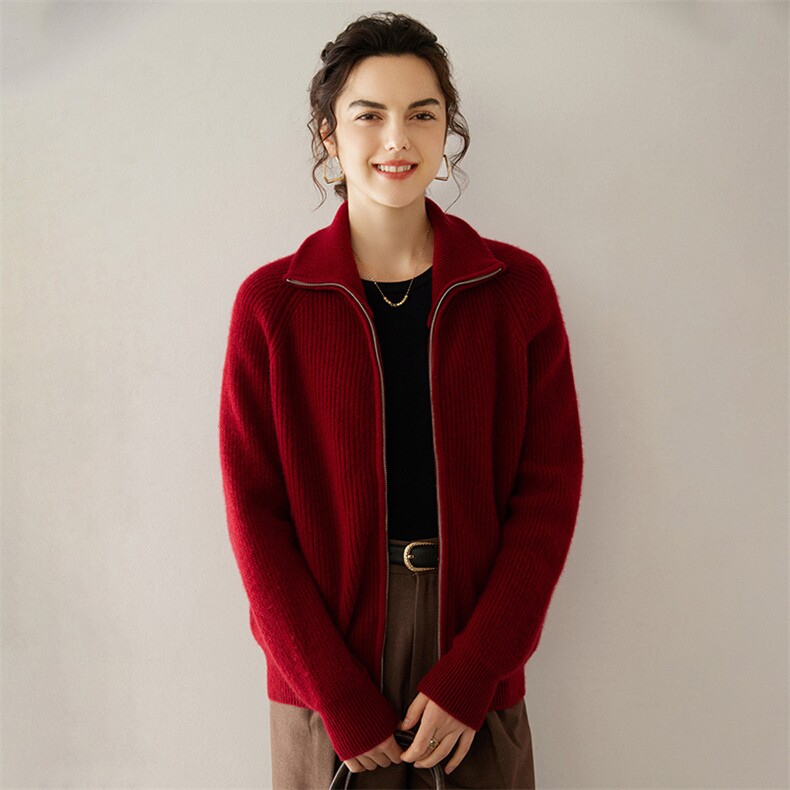 小baby山羊绒拉链针织开衫外套秋冬新款加厚翻领插肩宽松休闲上衣，女装羊绒衫，轩妮羊绒
