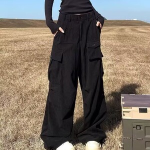 美式复古重工多口袋美拉德棕色工装裤子女2025夏辣妹弯刀拖地长裤图片