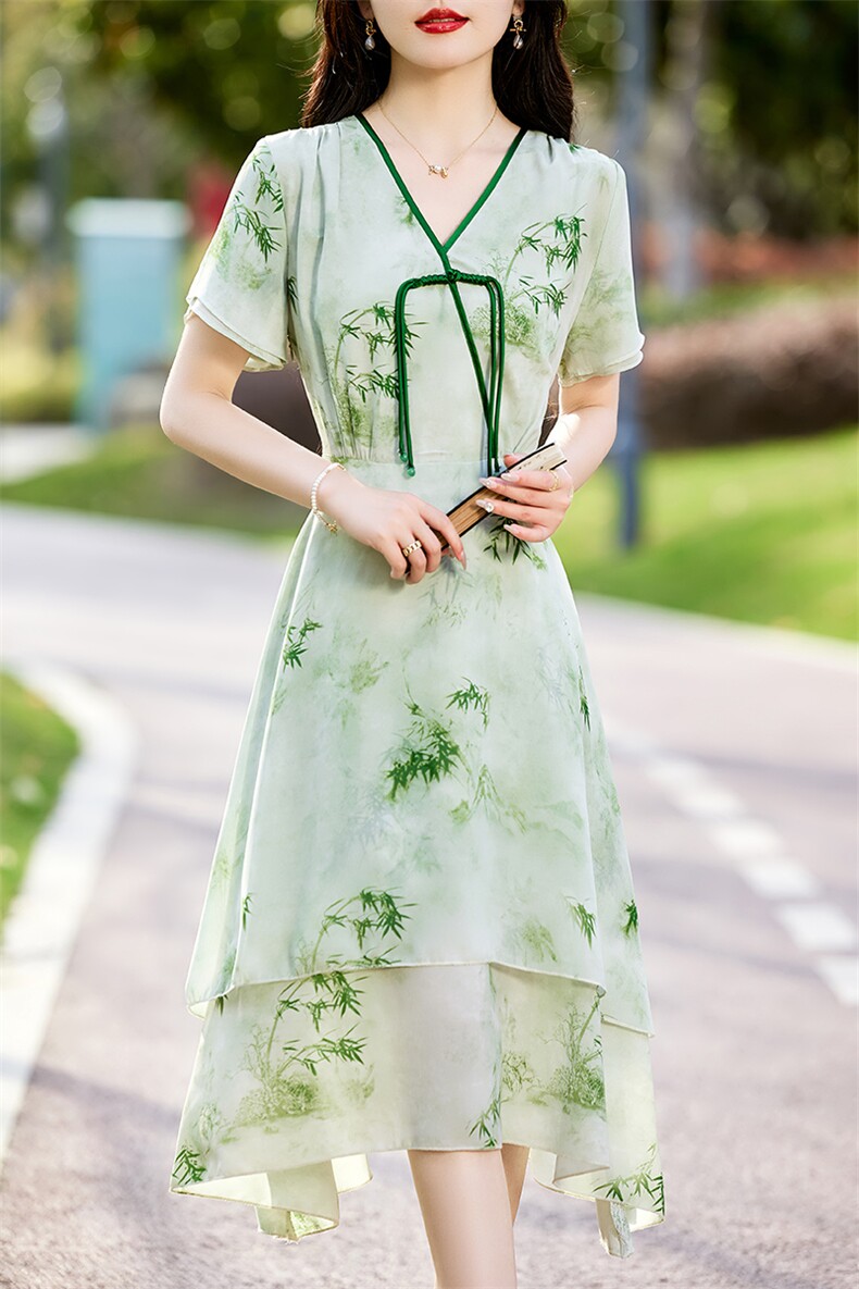2024年夏季新款短袖盘扣调节腰印花竹子复古女装连衣裙,女装连衣裙,初闻兮