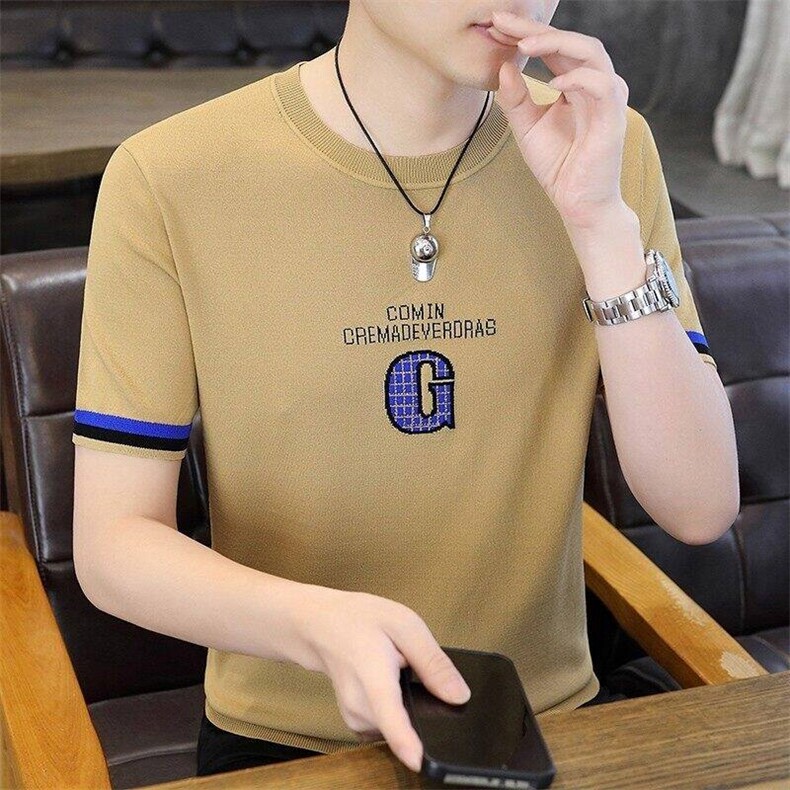 7971-P55夏季休闲时尚短袖毛衣男打底衫欧货潮牌针织衫,男装T恤,电商D310B-1