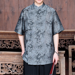 新中式 男士现货大码棉麻竹叶渲染印花短袖衬衣CS35-P65控89图片
