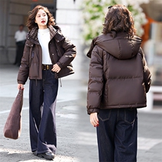 时尚格纹拼接连帽短款羽绒服女2025冬季加厚保暖小个子白鸭绒外套，女装羽绒服，歌伊格美