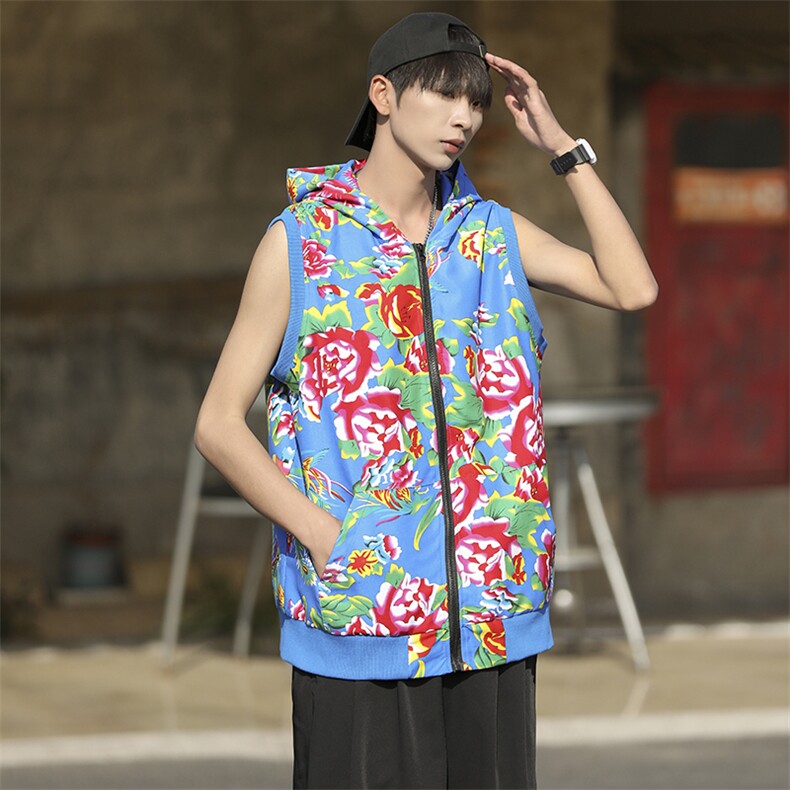 B02东北大花连帽拉链大码风汉服民族特色马甲背心坎肩潮男女,男装背心/马甲,星座115A(原星座507）
