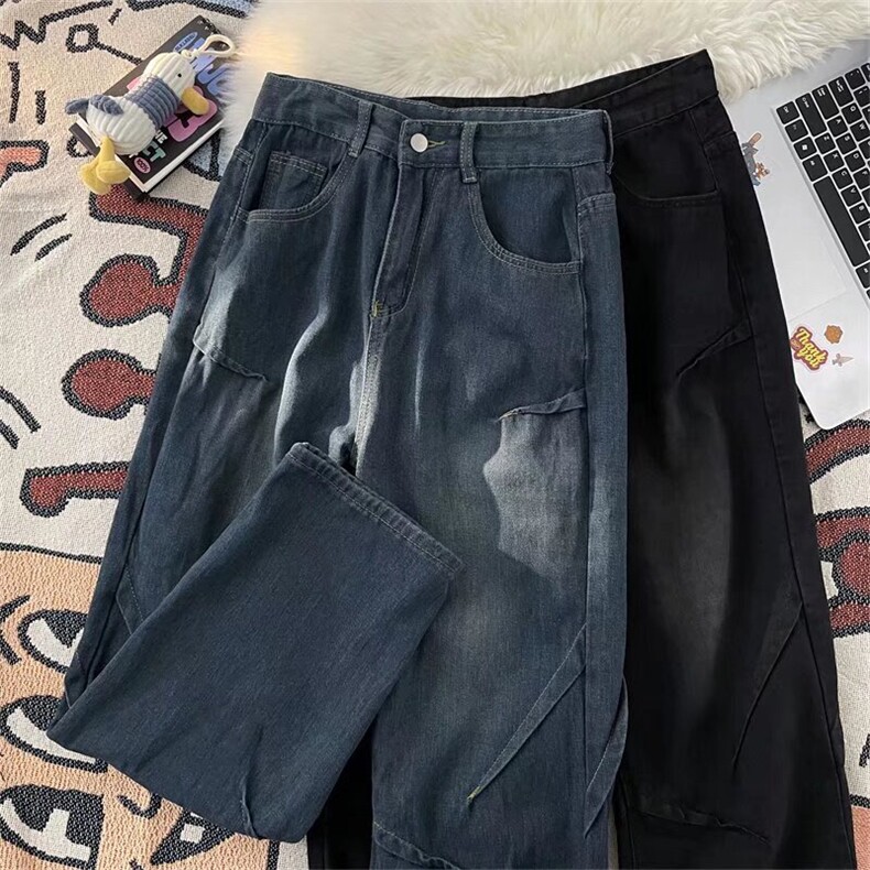 美式复古牛仔裤男春秋潮牌cleanfit宽松阔腿裤百搭高街设计感长裤,男装牛仔裤,星座601-1