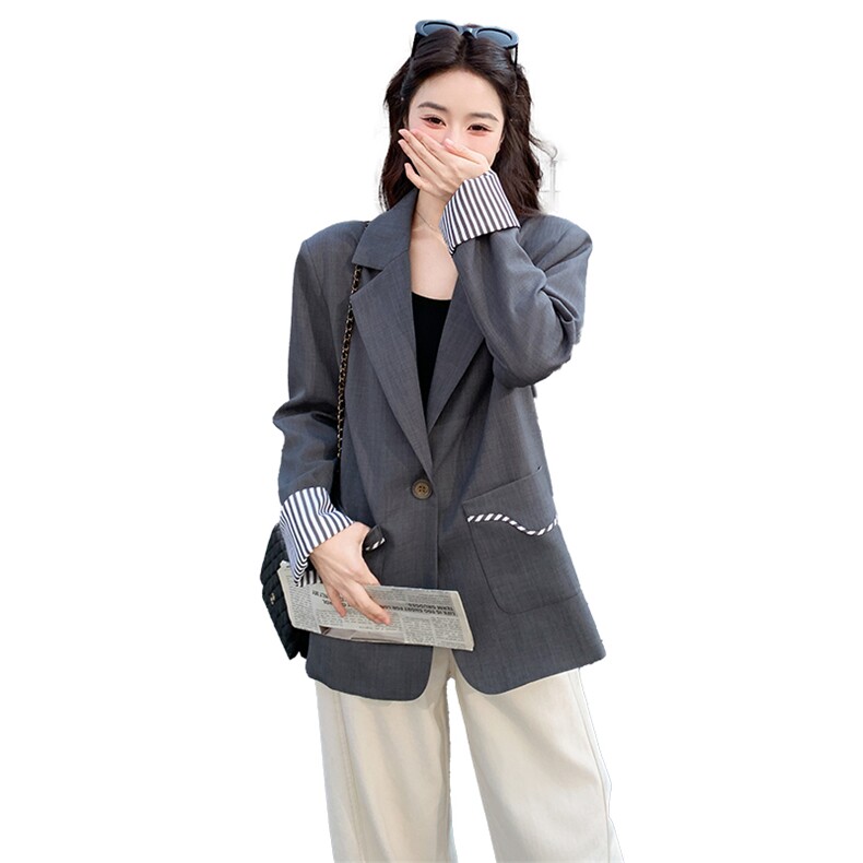 28081-7708-P145-K218春装新款灰色休闲百搭设计感西装外套,女装西装,韩蜜菓
