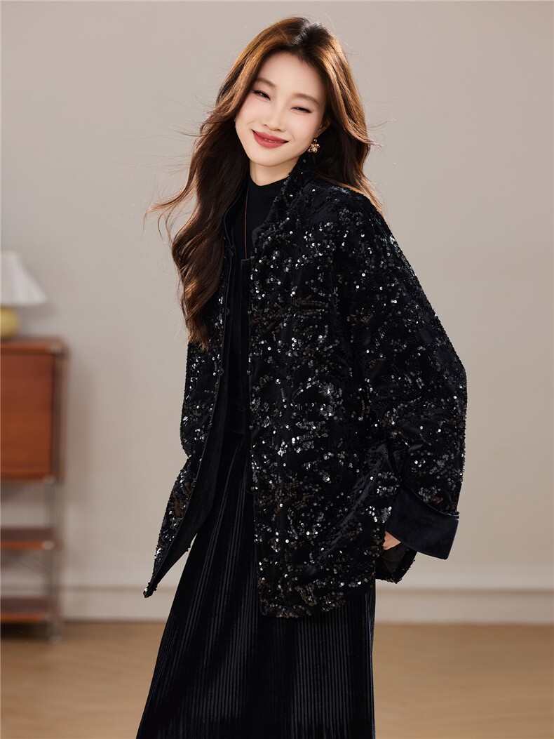 冬季新款加棉加厚新中式小立领重工丝绒宽松百搭款棉衣外套女,女装棉衣/棉服,央宝儿