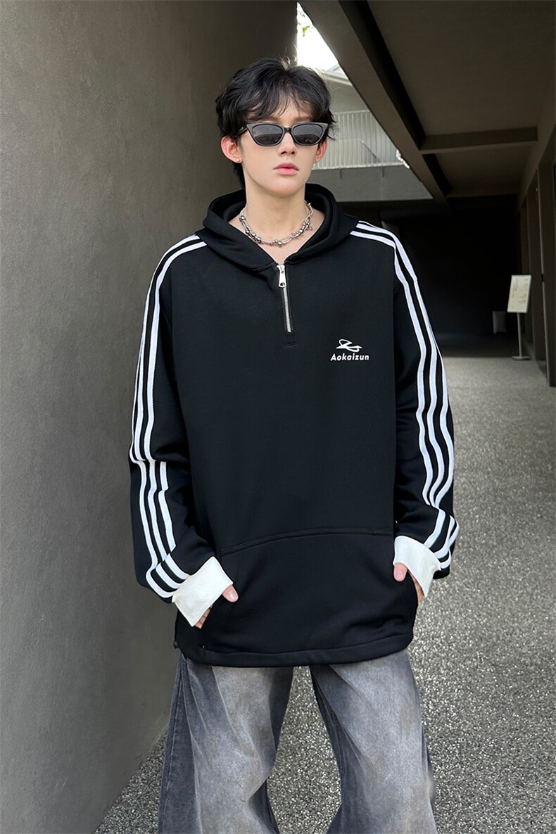 秋季宽松休闲连帽半拉链卫衣长袖条纹三条杠外套XZ808B-WH087-P48,女装短外套,星座808B