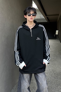 秋季宽松休闲连帽半拉链卫衣长袖条纹三条杠外套XZ808B-WH087-P48图片