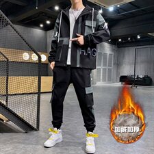 新款主推男士连帽工装夹克套装加绒加厚休闲运动两件套T808，男装套装，电商B226-2（原B217-2）