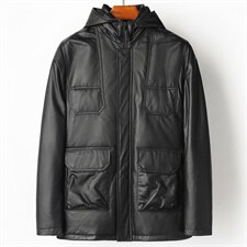 W20111海宁皮衣男头层牛皮白鸭绒羽绒服短款连帽皮夹克男P730,男装皮衣,电商B360