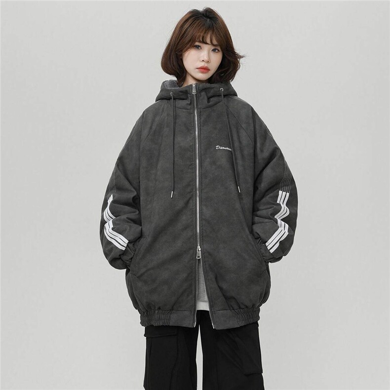 粉色美式连帽羊羔毛外套男加绒加厚棉服中性风三杠棉衣M02/P118,男装夹克,星座206（原A221）