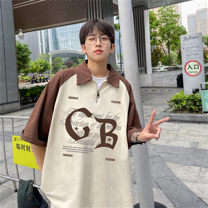 港风重磅全棉撞色插肩袖polo衫短袖男T恤XGP3214-P45控68图片