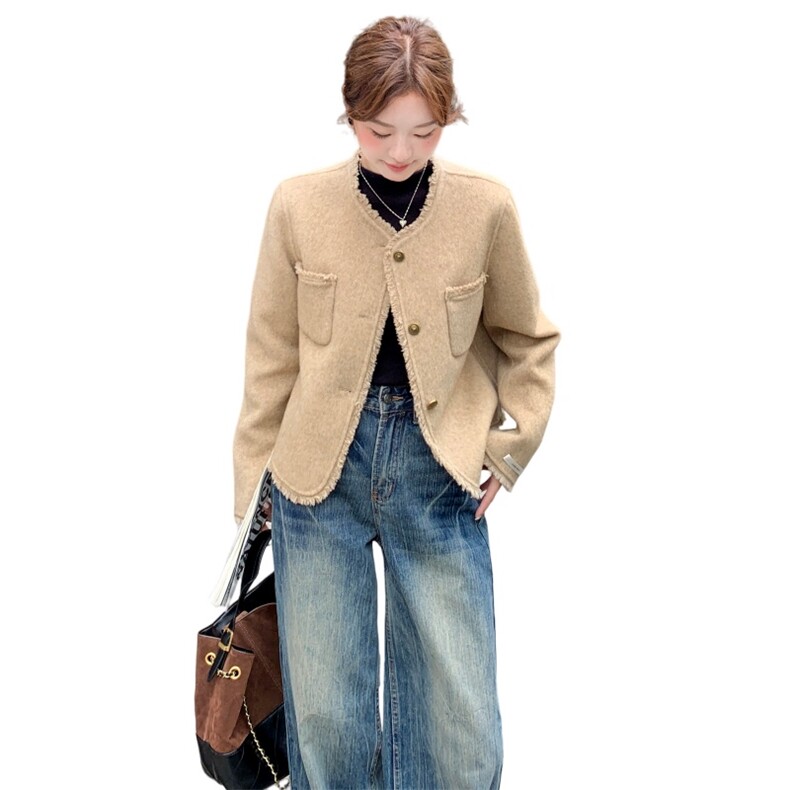韩系设计感拼接双面呢羊毛外套女秋冬2025新款独特小个子气质大衣,女装毛呢外套,2B140