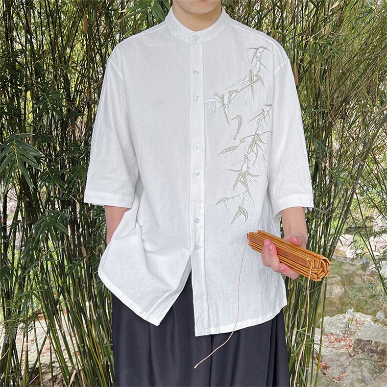 风24夏季新款大码男士竹叶肩膀刺绣中袖棉麻衬衫T29-P65-控78,男装衬衫,电商A021