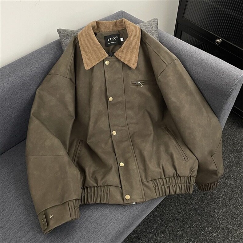 美式街头领拼皮衣外套男款宽松休闲复古飞行员夹克W6434-P82，男装皮衣，星座412-2