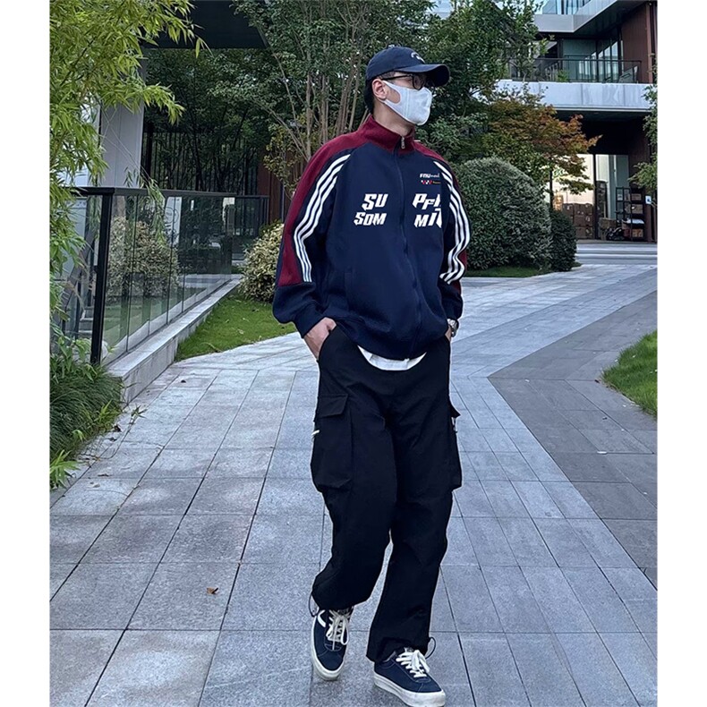 抖音得物秋美式高街重磅结构织带拼接撞色立领卫衣外套ACM4104,女装短外套,电商A443