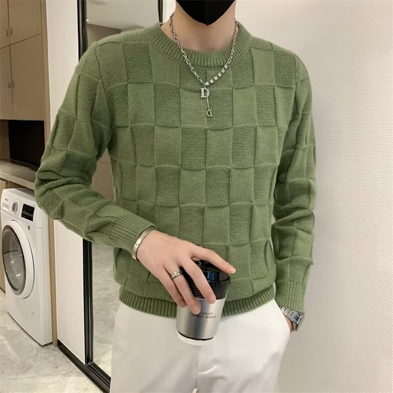 社会小伙圆领纯色棋盘格子毛衣男生修身毛衫线衣打底针织衫S517,男装针织衫/毛衣,星座1116A-2（原606A-1）