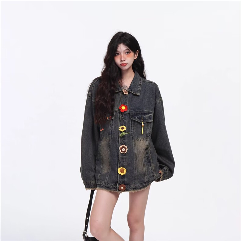 2580-P73做旧水洗牛仔外套女花朵2025新款设计感宽松百搭休闲,男装工装外套,电商B323A