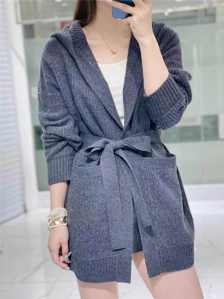 35%羊绒外套开衫女秋冬2024新款时髦宽松慵懒风系带针织衫,女装羊绒衫,以美红杉羊绒