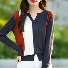 2025秋冬新款针织开衫外套女欧货时尚打底衫拼色减龄洋气竖条毛衣，女装针织衫/毛衣，暖烁羊绒