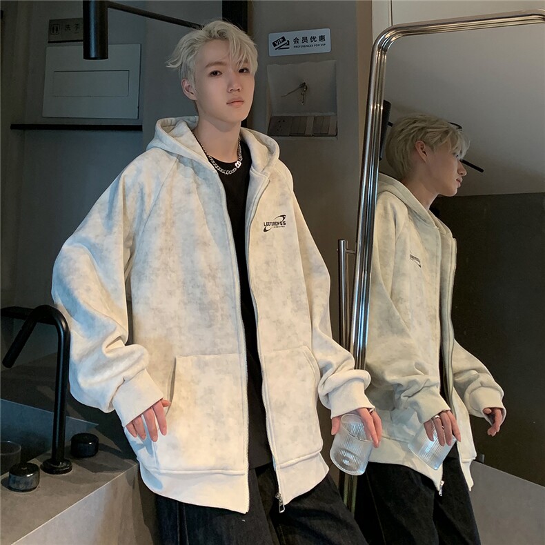 美式双面印花拉链设计复古连帽外套情侣开衫卫衣秋季JK92-P78,女装短外套,电商C307A