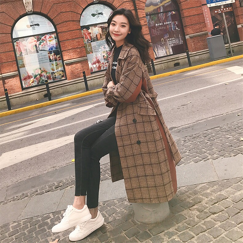 西装领格子毛呢外套2020年冬季长袖口袋系带排扣时尚百搭简约,女装毛呢外套,诗贝淇