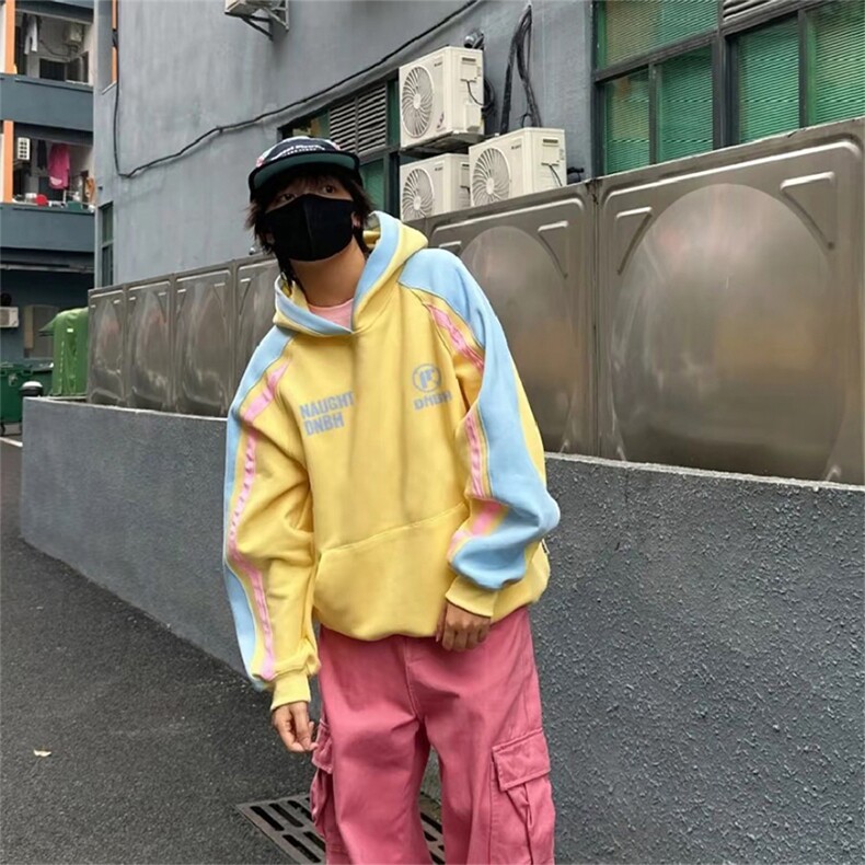 抖音得物秋装美式重磅全棉拼接撞色连帽卫印花衣外套A3205,女装短外套,电商A443