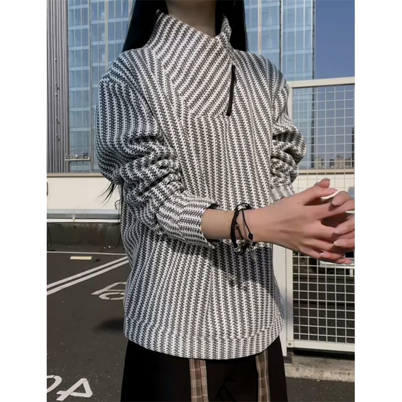 高品质春装新款老钱风美式高街鱼骨纹斜拉链解构高领卫衣长袖t恤,男装T恤,电商A486