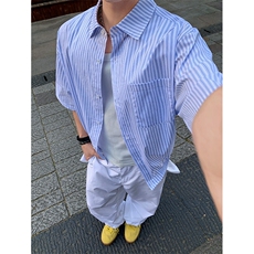 条纹短袖衬衫5X4002-TP3558夏季日系薄外套宽松休闲衬衣男，男装衬衫，电商A102