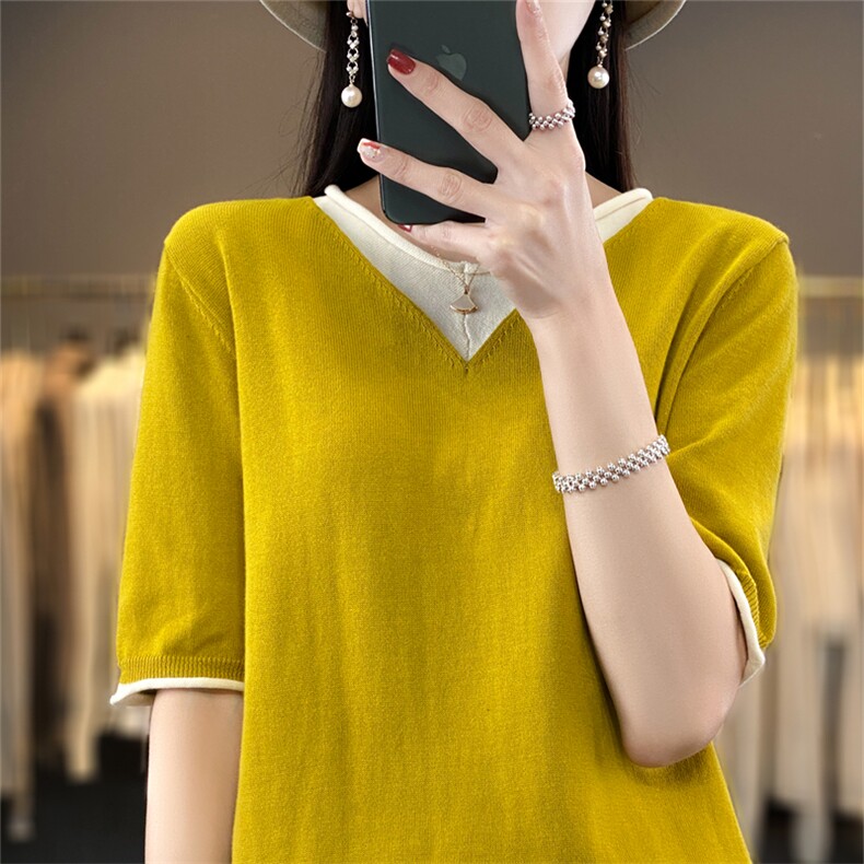 夏季新款100%纯棉拼色短袖t恤女假两件V领宽松棉麻针织衫半袖上衣,针织衫/毛衣,斯美雅电商供货