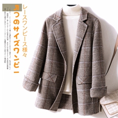 长袖格子直筒型西装领2024年秋季时尚西装外套，女装西装，蓝雨羊绒