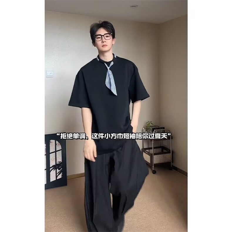 cleanfit穿搭白色小方巾短袖T恤男款简约宽松休闲情侣五分袖上衣,男装T恤,星座1210-1