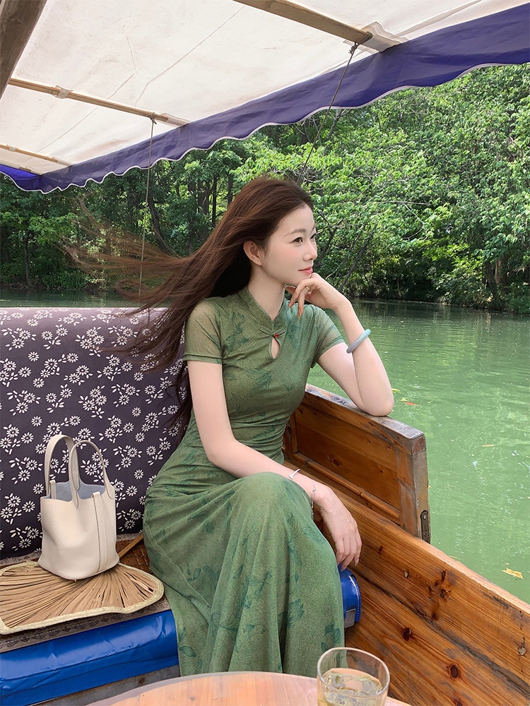 新中式风EIA一尧空林晚清冷禅意旗袍连衣裙夏温婉短袖长裙,女装连衣裙,梦白服饰厂