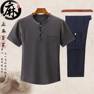 主推长年大货夏男士中年风亚麻套装短袖T恤棉麻套头上衣图片