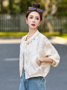 棒球服女2025开春新款小个子休闲百搭洋气小香风白色短款蕾丝外套图片