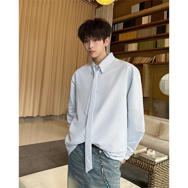春夏新款学院风条纹衬衫搭配可拆卸领带条纹外套衬衫特P35，男装衬衫，电商B319
