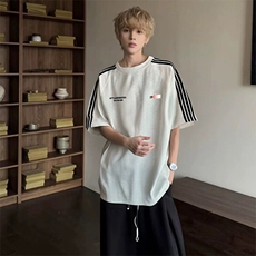 抖音得物品质二开240克宽松纯棉美式潮牌印花三条杠中性风短袖T恤，男装T恤，电商A486-1