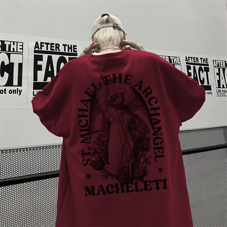 wassuphappy酒红色国潮短袖t恤男夏季薄款潮流青少年休闲五分袖，男装T恤，星座805 (原301D-3)