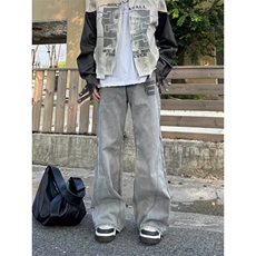 美式复古高街微喇牛仔裤男秋季新款宽松阔腿裤NA728-P52，男装牛仔裤，星座208-5