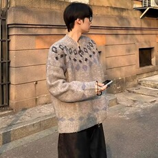 冬季新品古着费尔岛氛围感针织衫男生灰色无领开衫毛衣保暖外套男，男装针织衫/毛衣，星座516A