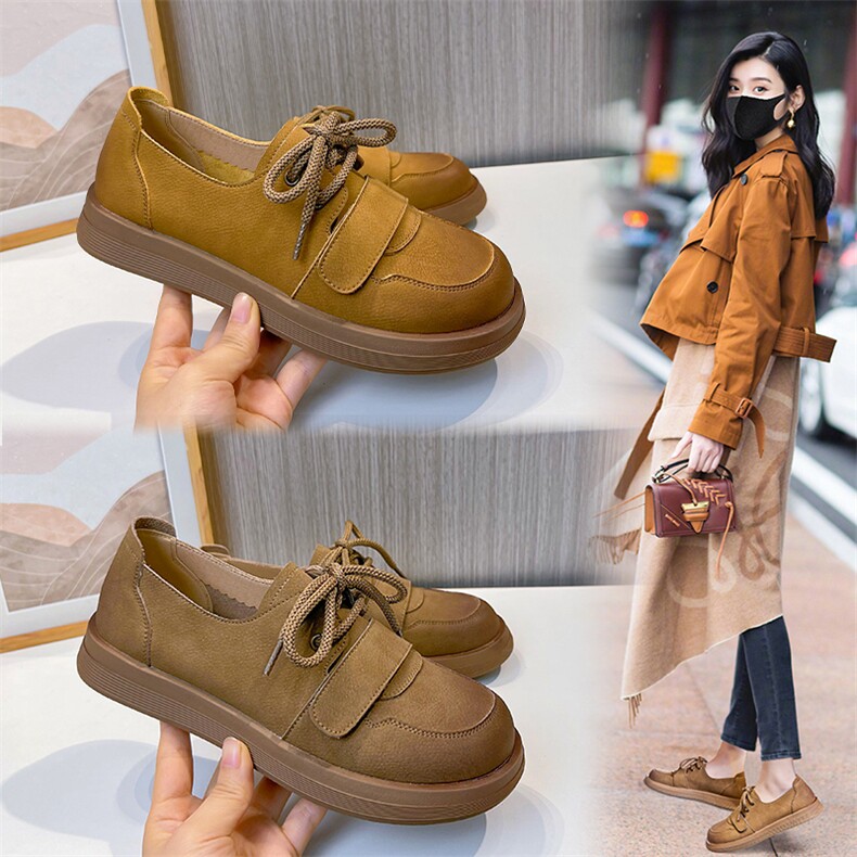 真皮女鞋2024春季新款复古浅口单鞋女魔术贴小皮鞋女百搭休闲鞋女，女鞋小皮鞋，电商A223